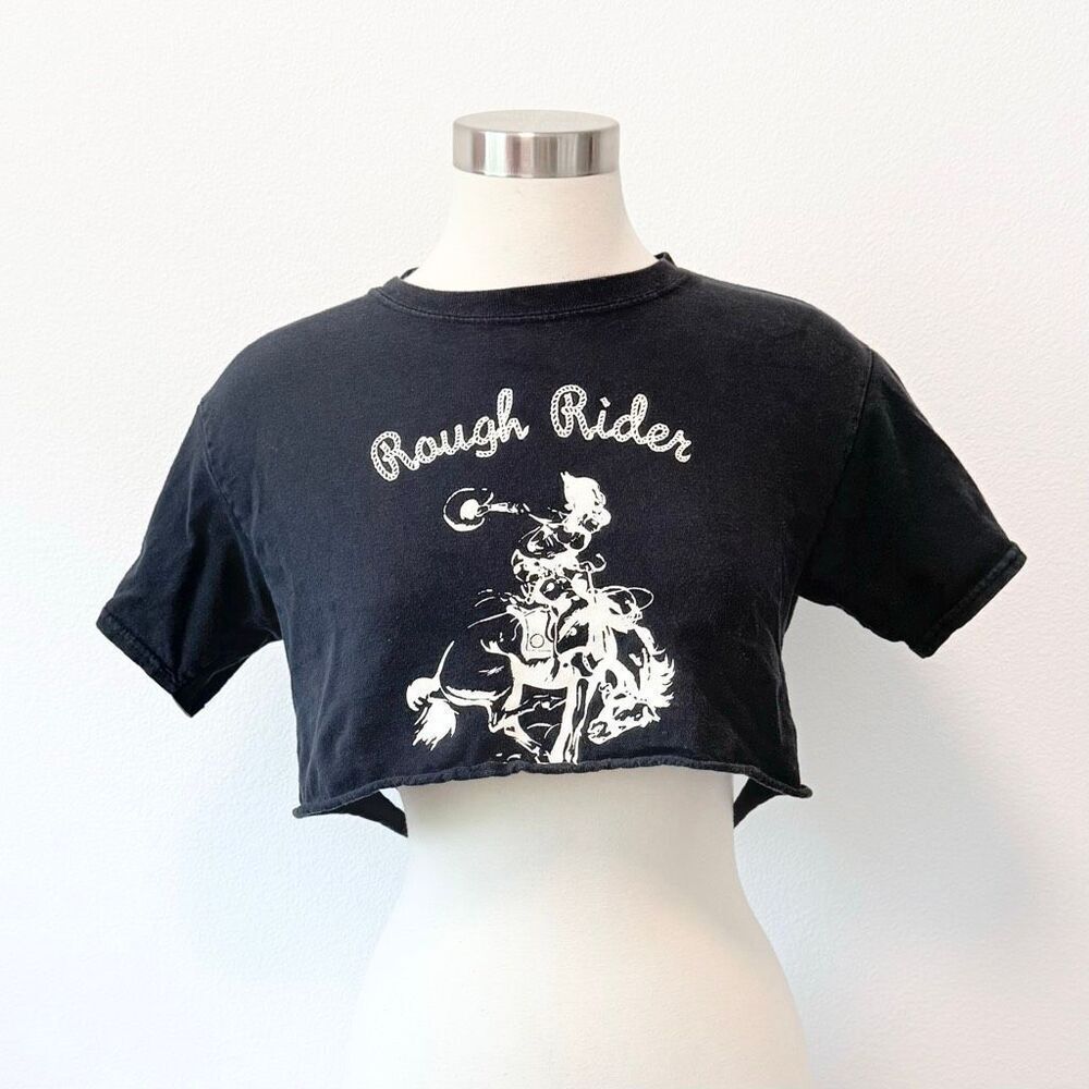 John Galt Black Rough Rider Cut Up Graphic Baby Tee Shirt XS/S Crop